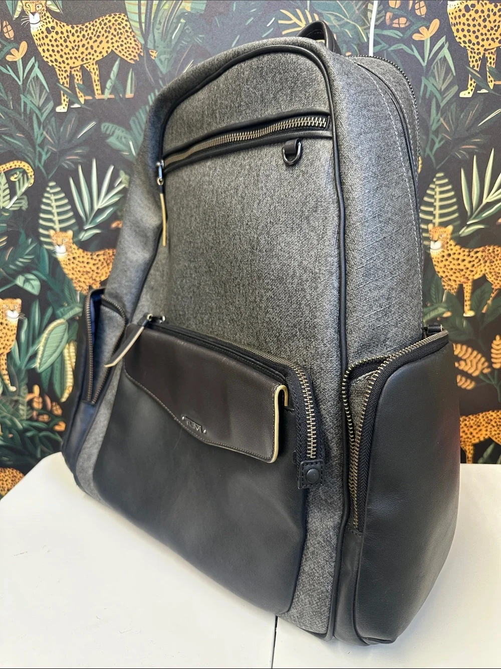 Tumi Gray and Black Leather-Trim Backpack